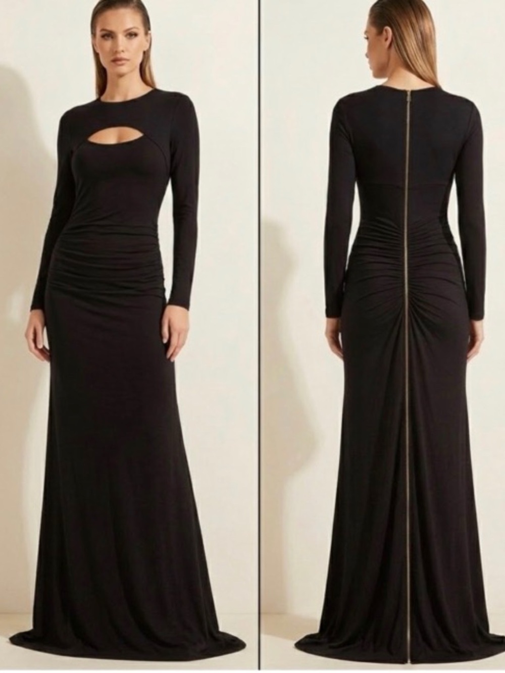 Marciano Black Long-Sleeve Cutout Ruched Back Exposed Zipper Fitted Maxi Dress S